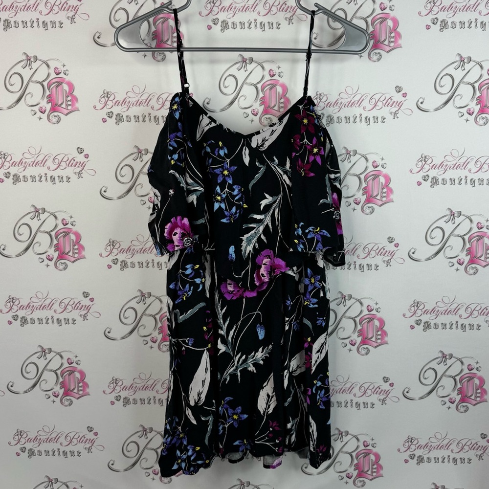 Express tank top ruffle flowers purple green Black and Gray Floral shirt